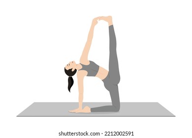 One Leg Raised Camel Pose. Beautiful girl practice Eka Pada Urdhva Ustrasana. Young attractive woman practicing yoga exercise. working out, black wearing sportswear, grey pants and top, indoor full le