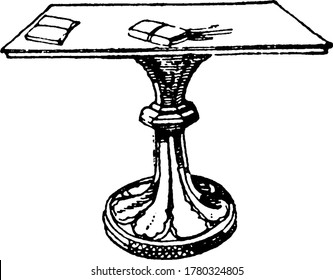 One leg of the table is used as a support that was either fastened to the floor or the lower end is spread-out so that the table may stand firmly, vintage line drawing or engraving illustration.