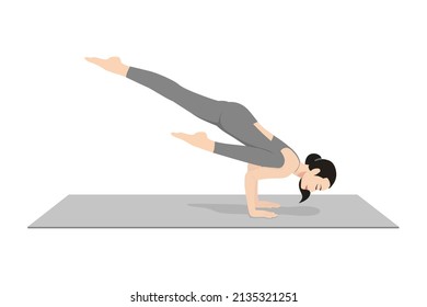 One Legged Crane Pose. Beautiful girl practice Eka Pada Bakasana. Young attractive woman practicing yoga exercise. working out, black wearing sportswear, grey pants and top, indoor full length