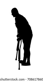 One legged disabled man silhouette with crutches on white background