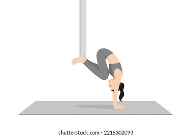 One Legged Handstand Pose Prep Aerial. Beautiful girl practice Eka Pada Adho Mukha Vrksasana Prep Aerial. Young attractive woman practicing yoga exercise. working out, black wearing sportswear, grey