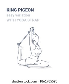 One Legged King Pigeon Yoga Pose Easy Variation with Yoga Strap Illustration. Outline Concept of Eka Pada Rajakapotasana Woman in Sportswear Top, Sneakers, Pants Does the Fitness Stretch Exercise.