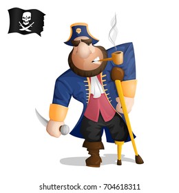 A one legged pirate standing with a knife and smoking a pipe. Isolated from background. Drawn in the cartoon style 