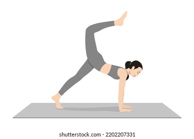 One Legged Plank Pose Bow Leg. Beautiful girl practice Eka Pada Phalakasana Dhanura Pada. Young attractive woman practicing yoga exercise. working out, black wearing sportswear, grey pants and top
