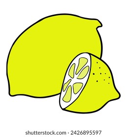 one lemon and one sliced lemon colored illustration hand drawn vector