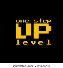 One level higher 8-bit pixel art on a black background with the number 1 on the letter U in negative space..