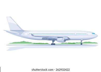 One light big passenger airplane standing on ground in profile, isolated