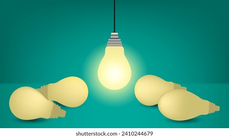 One of light bulb glowing among shutdown light bulb in dark area with copy space for creative thinking, problem solving solution and outstanding concept
