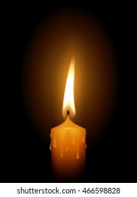 One light candle burning brightly in the black background