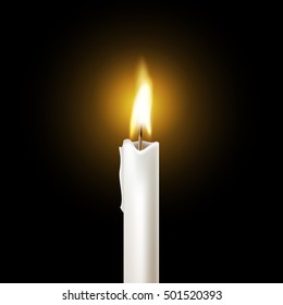 One light candle burning brightly in the black background, realistic isolated, Vector illustration