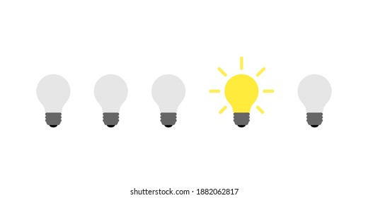One light is on. Light bulb vector icon full of ideas and creative thinking. Idea came among all