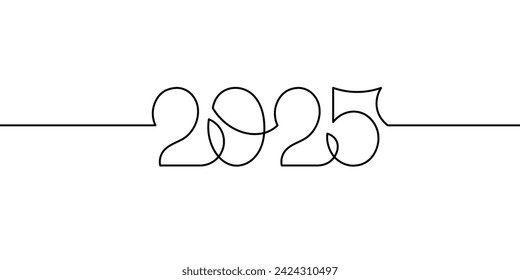 One line 2025 drawing. Continuous doodle drawing, isolated on white background. Editable thin stroke, vector sketch illustration. New Year or Christmas date design