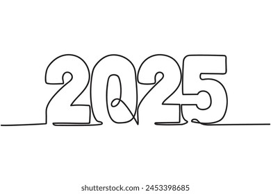 One line 2025 drawing. Continuous drawing, isolated on white background. Vector illustration. New Year design
