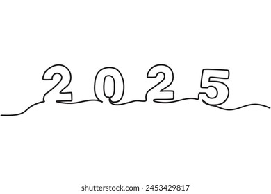 One line 2025 drawing. Continuous drawing, isolated on white background. Vector illustration. New Year design