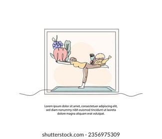 One line about nutritious food poster drawing with frame. Abstract minimal continuous line wall decor.