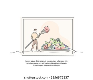 One line about nutritious food poster drawing with frame. Abstract minimal continuous line wall decor.