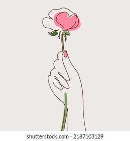 One line abstract art drawing woman hand holding a rose flower. Minimalistic style color image. Editable vector illustration EPS 10