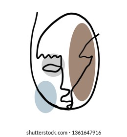One line abstract drawing face isolated on white background. Geometric colorful elements with portrait in modern minimalism graphic style. Contemporary art design. Hand drawn vector continuous line 