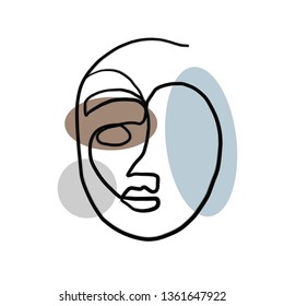 One line abstract drawing face isolated on white background. Geometric colorful elements with portrait in modern minimalism graphic style. Contemporary art design. Hand drawn vector continuous line 