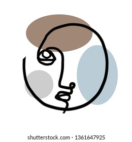 One line abstract drawing face isolated on white background. Geometric colorful elements with portrait in modern minimalism graphic style. Contemporary art design. Hand drawn vector continuous line 