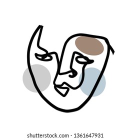 One line abstract drawing face isolated on white background. Geometric colorful elements with portrait in modern minimalism graphic style. Contemporary art design. Hand drawn vector continuous line 
