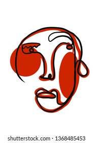 One line abstract face. Contemporary and modern trendy style illustration for greeting card, wall art, invitation design. Hand drawn continuous line art vector. Black and red colors element. 