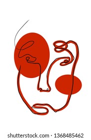 One line abstract face. Contemporary and modern trendy style illustration for greeting card, wall art, invitation design. Hand drawn continuous line art vector. Black and red colors element. 