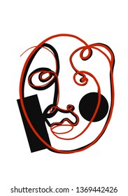 One line abstract face. Contemporary and modern trendy style illustration for greeting card, wall art, invitation design. Hand drawn continuous line art vector. Black and red colors element. 