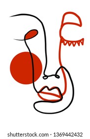 One line abstract face. Contemporary and modern trendy style illustration for greeting card, wall art, invitation design. Hand drawn continuous line art vector. Black and red colors element. 