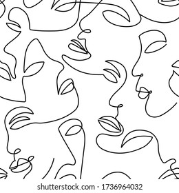 One line abstract  face contours seamless pattern