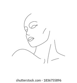 One line abstract face drawing. Simple continuous woman portrait minimalist style, doodle sketch fashion poster. Vector illustration.