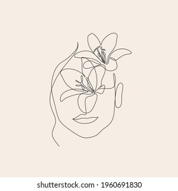 One line abstract face with lily flower. Minimalist continuous linear sketch woman face. Female portrait black white artwork outline vector hand drawn illustration. salon logo