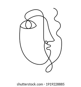 One line Abstract face. Trendy art drawn by Cubist artist in monochrome minimalism style. Vector design for print, decor, poster, pattern, art for clothes. 