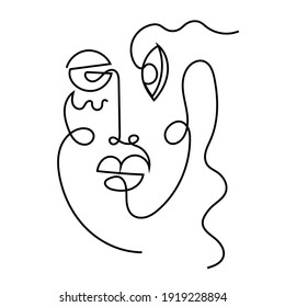 One line Abstract face. Trendy art drawn by Cubist artist in monochrome minimalism style. Vector design for print, decor, poster, pattern, art for clothes. 