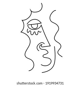 One line Abstract face. Trendy art drawn by Cubist artist in monochrome minimalism style. Vector design for print, decor, poster, pattern, art for clothes. 