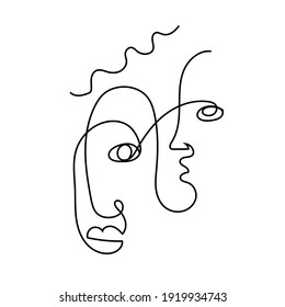 One line Abstract face. Trendy art drawn by Cubist artist in monochrome minimalism style. Vector design for print, decor, poster, pattern, art for clothes. 