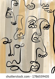 Una línea de dibujo abstracto de caras de hombre o mujer. Caras contemporáneas cubistas. Arte moderno. Diseño de afiches, decoración casera. 