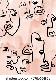 One line abstract faces drawing of man or woman. Cubism contemporary faces. Modern art. Design for poster, home decor. 