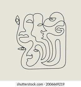 Caras abstractas de una línea. Pintura a mano en estilo minimalista. Arte lineal cubista. Diseño moderno. 