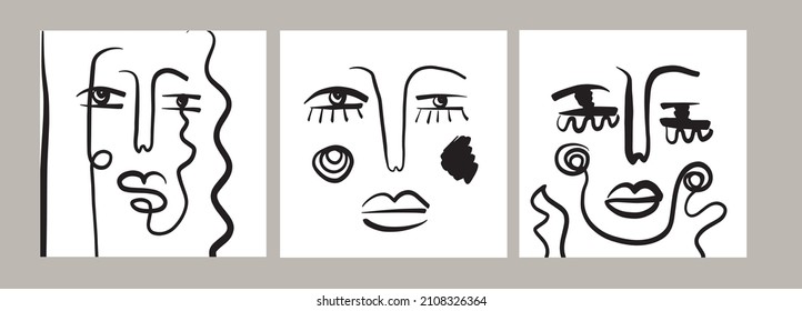 One line abstract faces. Template design. 
