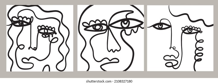 One line abstract faces. Template design. 