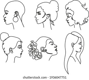 One Line  Abstract female  face. Woman contour silhouette. Continuous drawing posters. Contemporary minimalist set. Vector Artwork. Black and white.