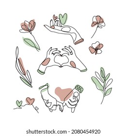 One line abstract hand and heart illustration - single linear graphic set