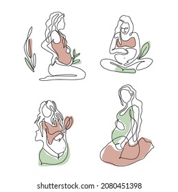One line abstract illustration - single linear pregnant woman art set 