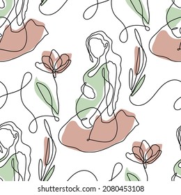 One line abstract illustration - single linear pregnant woman seamless pattern.