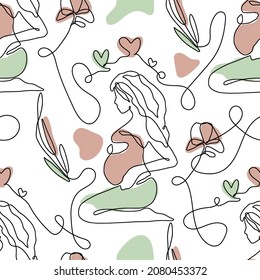 One line abstract illustration - single linear pregnant woman seamless pattern.