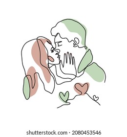 One line abstract kiss illustration - single linear love graphic