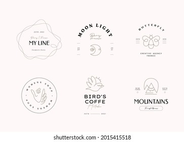 Conjunto de plantillas de logotipo abstracto de una línea. Ilustración vectorial de estilo minimalismo dibujado a mano.