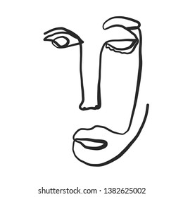 One line abstract minimalism continuous portrait. Drawing face in creative modern style. Cubism design 