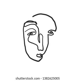 One line abstract minimalism continuous portrait. Drawing face in creative modern style. Cubism design 